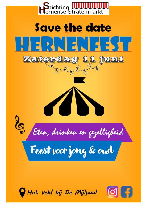 Zaterdag 11 juni zijn we vanaf 18.00 uur te horen in Hernen. Hernenfest is een kleinschalig festival met diverse activiteiten voor jong en oud.